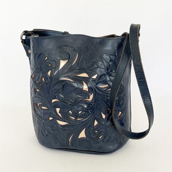 PATRICIA NASH Lavello Cutout Tooled Blue Leather Bucket Bag Shoulder Crossbody